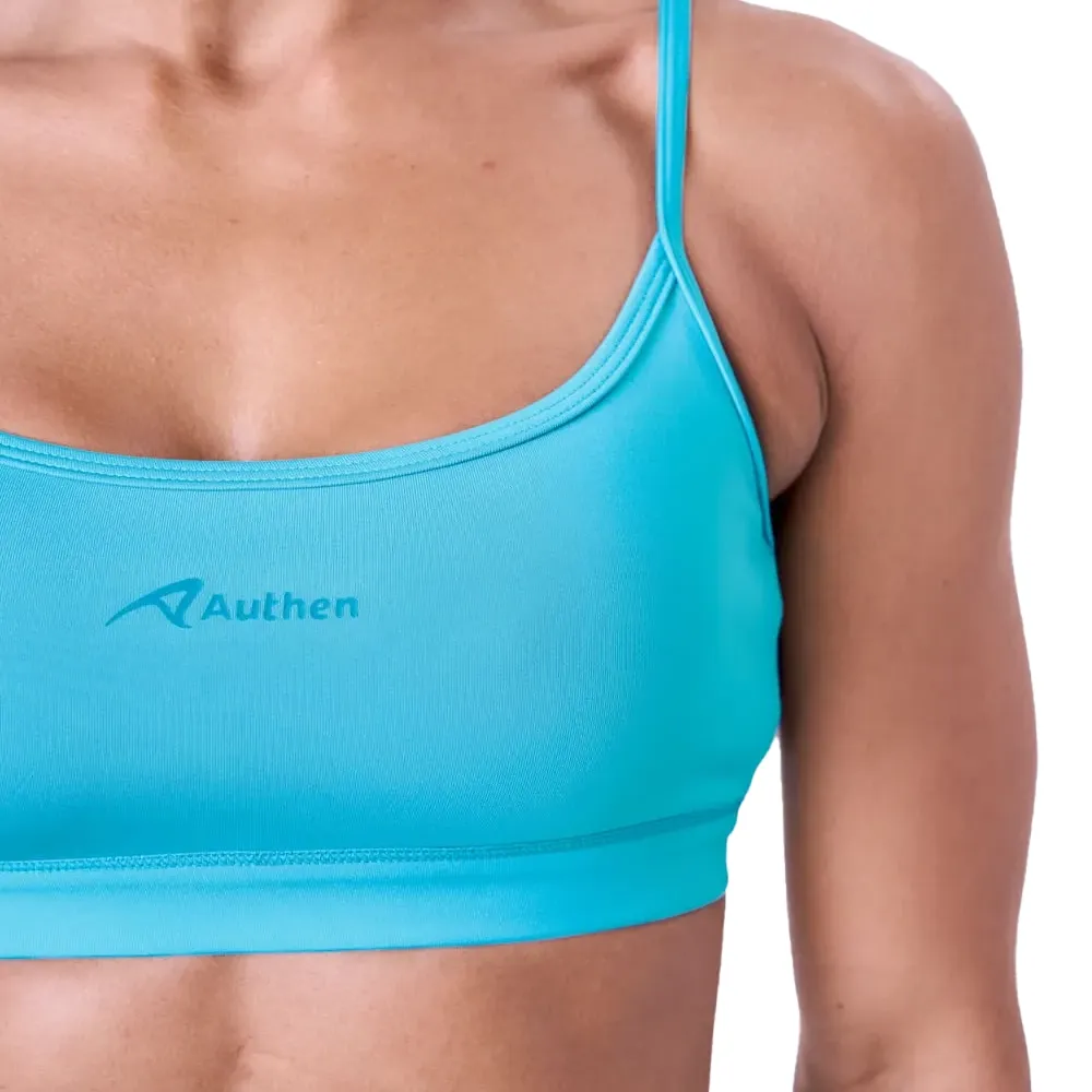 Top esportivo ajustável feminino Authen azul claro vista frontal com detalhes do tecido